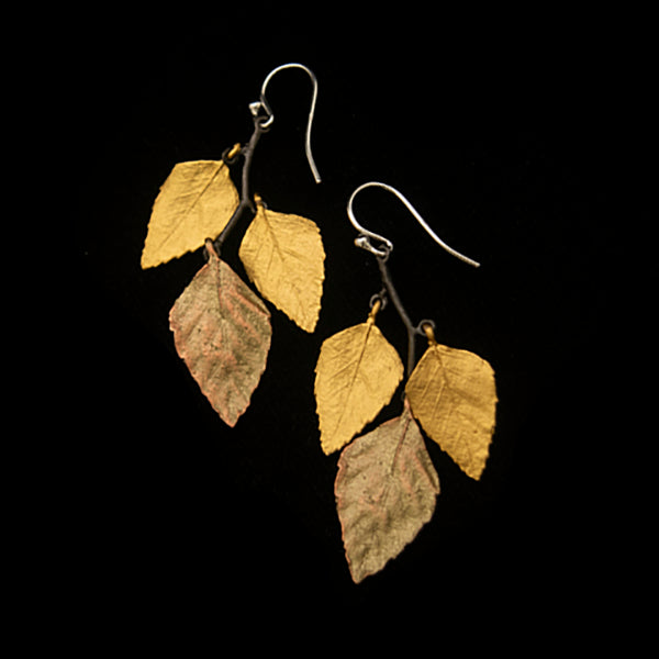 Image of the Michael Michaud Autumn Birch Earrings - 3 Leaf Wire on a black background