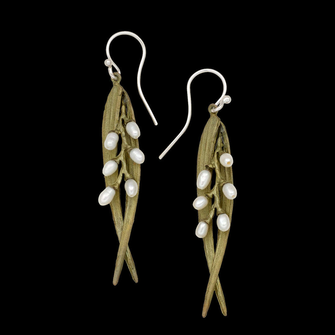 Image of the Michael Michaud Rice Earrings - Double Leaf Pearl Wire on a black background