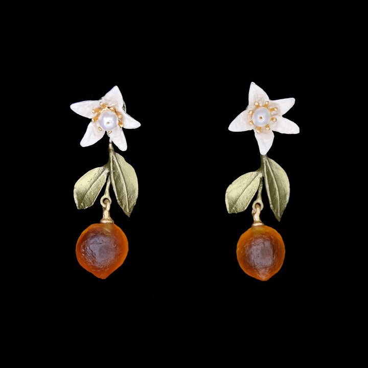 Image of the Michael Michaud Orange Earrings - Flower and Drop Post on a black background