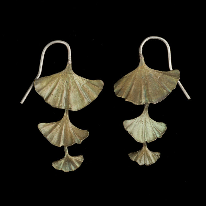 Image of the Michael Michaud Ginkgo Earrings - Triple Leaf on a black background