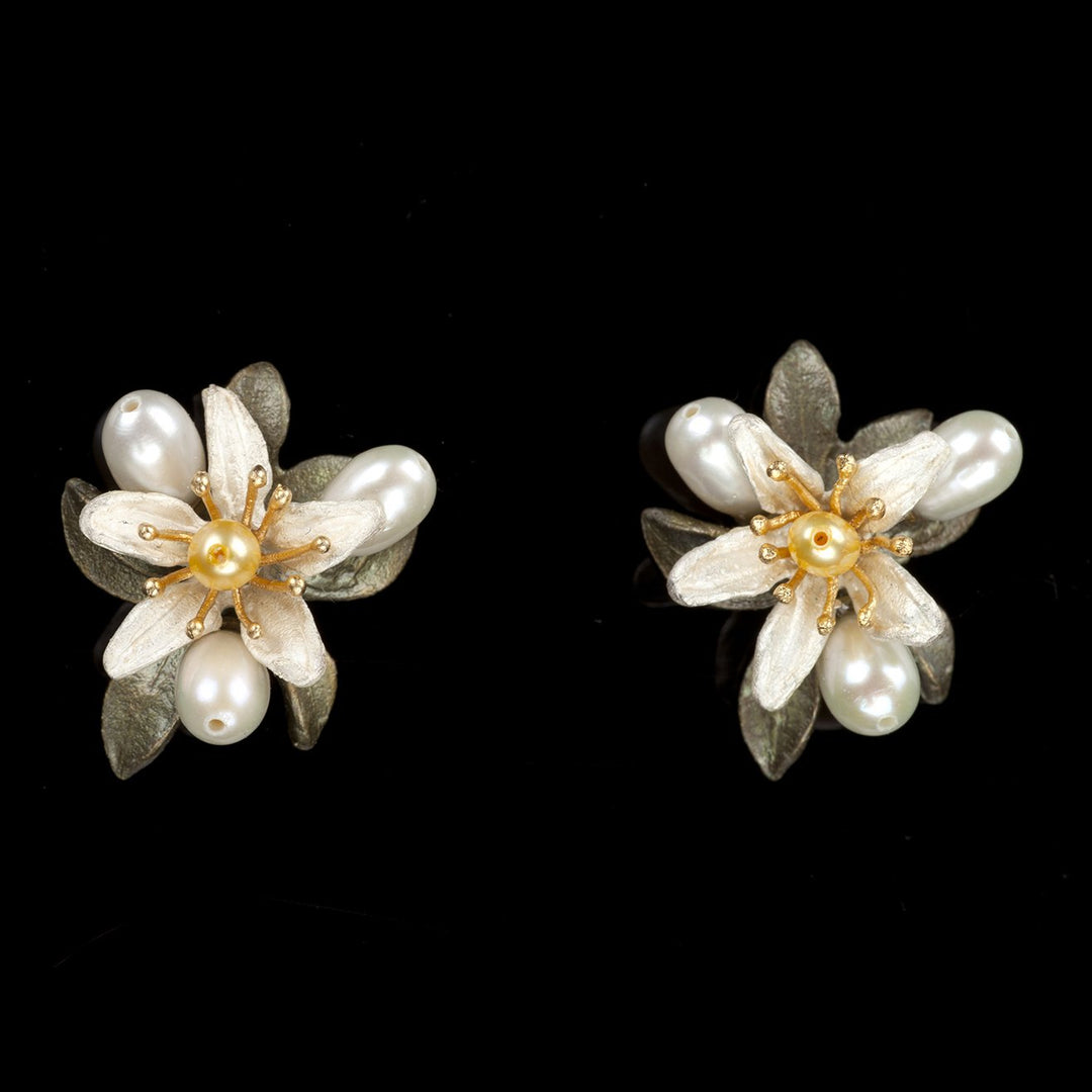 Image of the Michael Michaud Orange Blossom Earrings - Flower Button Clip on a black background