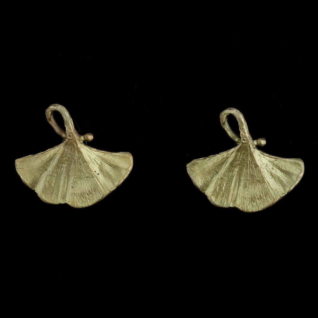 Green-tone metal Ginkgo leaf-shaped post earrings with textured veining details.