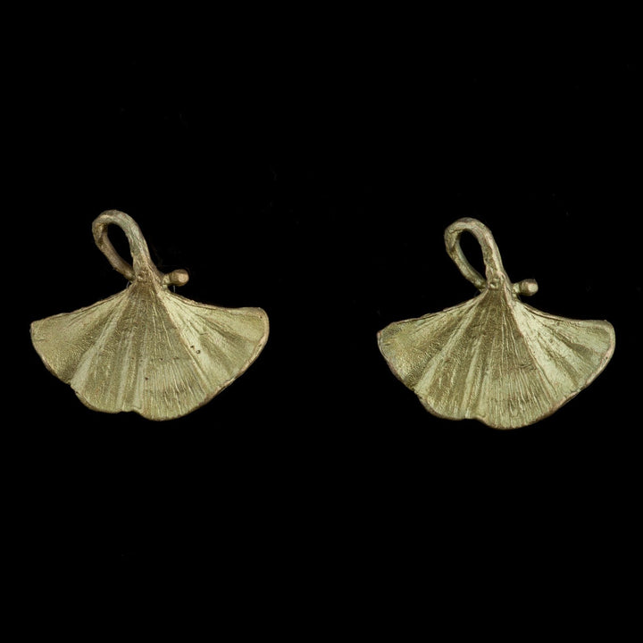 Green-tone metal Ginkgo leaf-shaped post earrings with textured veining details.