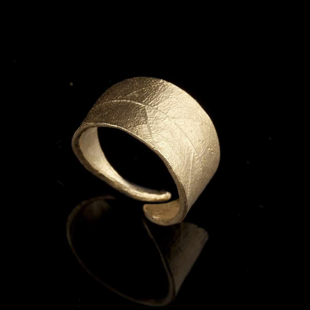 Image of the Michael Michaud Bay Laurel Ring on a black background