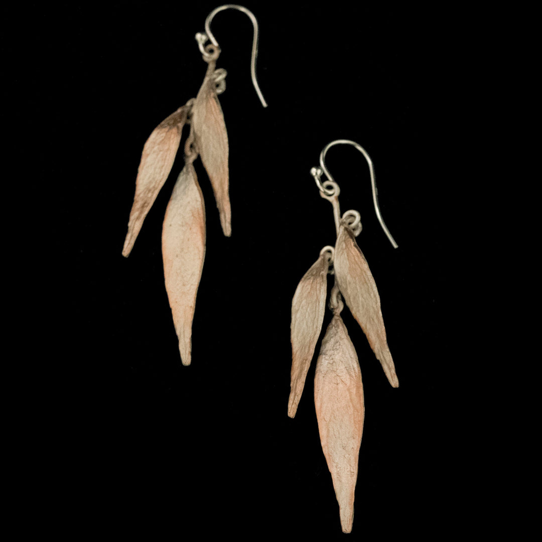 Image of the Michael Michaud Fine Weeping Willow Silver Three Leaf Earrings on a black background