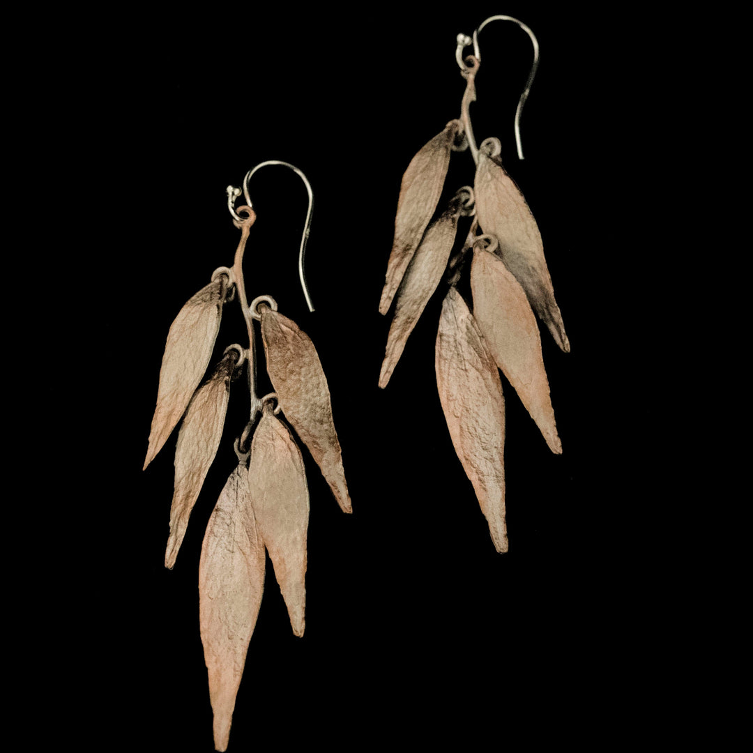 Image of the Michael Michaud Fine Weeping Willow Silver Five Leaf Earrings on a black background
