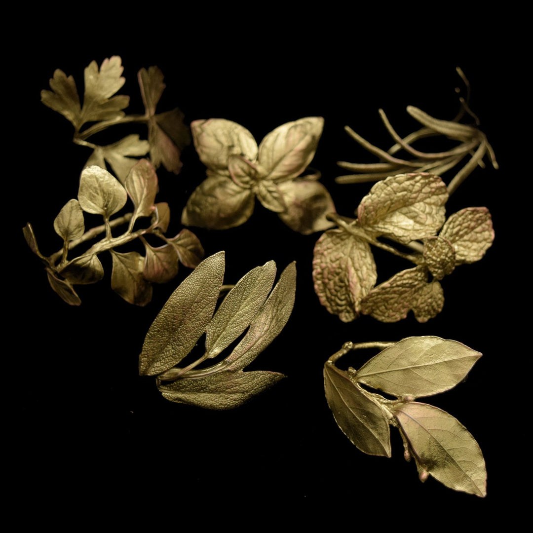 Image of the Michael Michaud Herb Assortment for Eight Napkin Rings - Bronze on a black background
