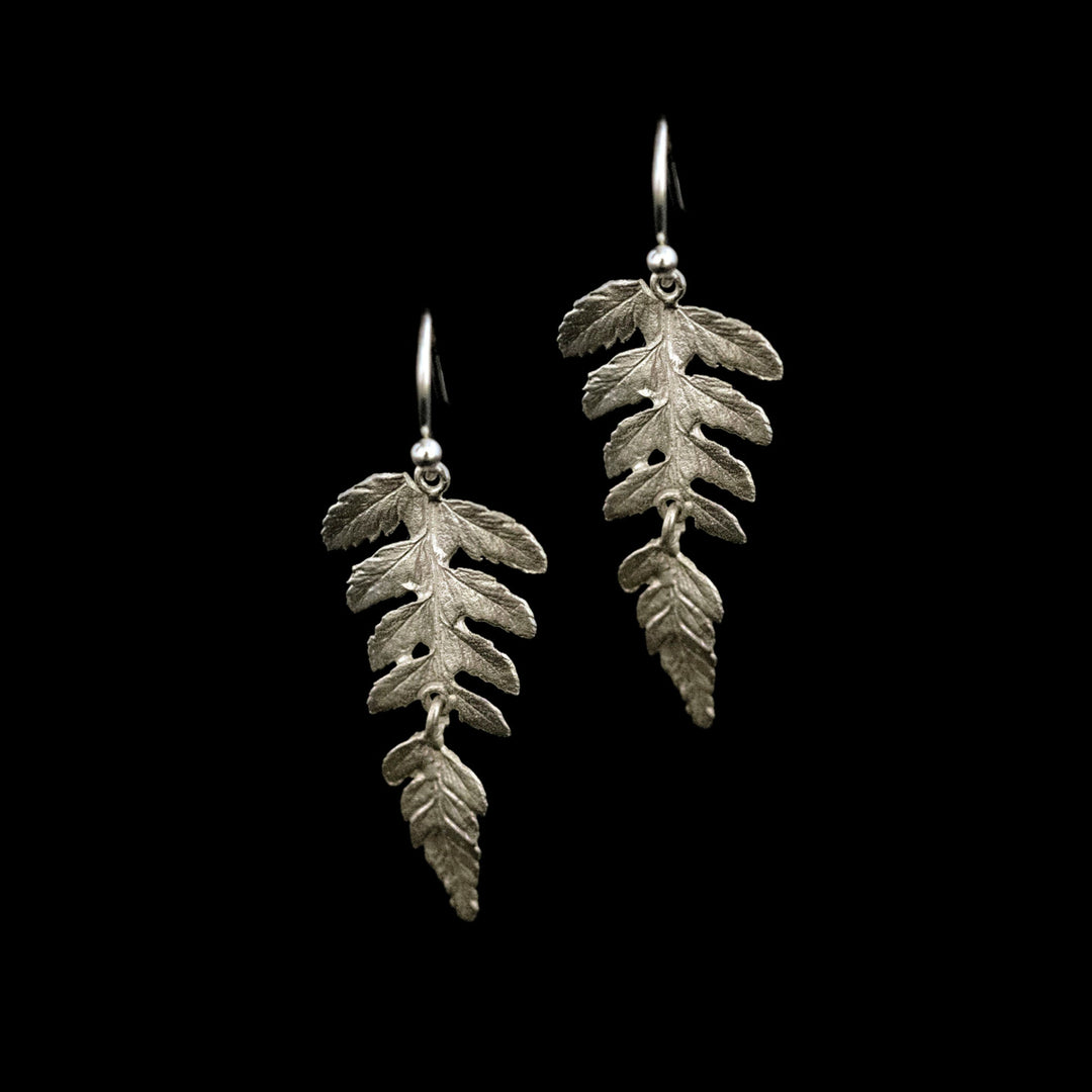 Image of the Michael Michaud Fine Fern Silver Drop Wire Earrings on a black background