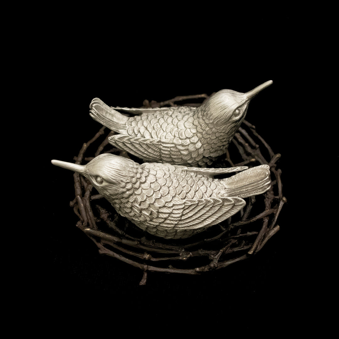 Image of the Michael Michaud Hummingbird Salt & Pepper Shakers - Pewter on a black background