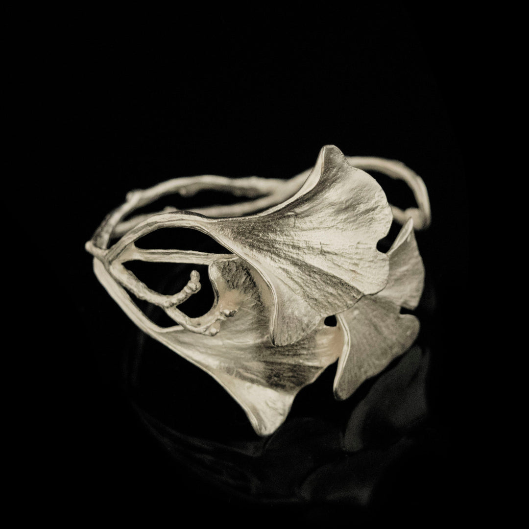 Image of the Michael Michaud Fine Ginkgo Silver Cuff on a black background