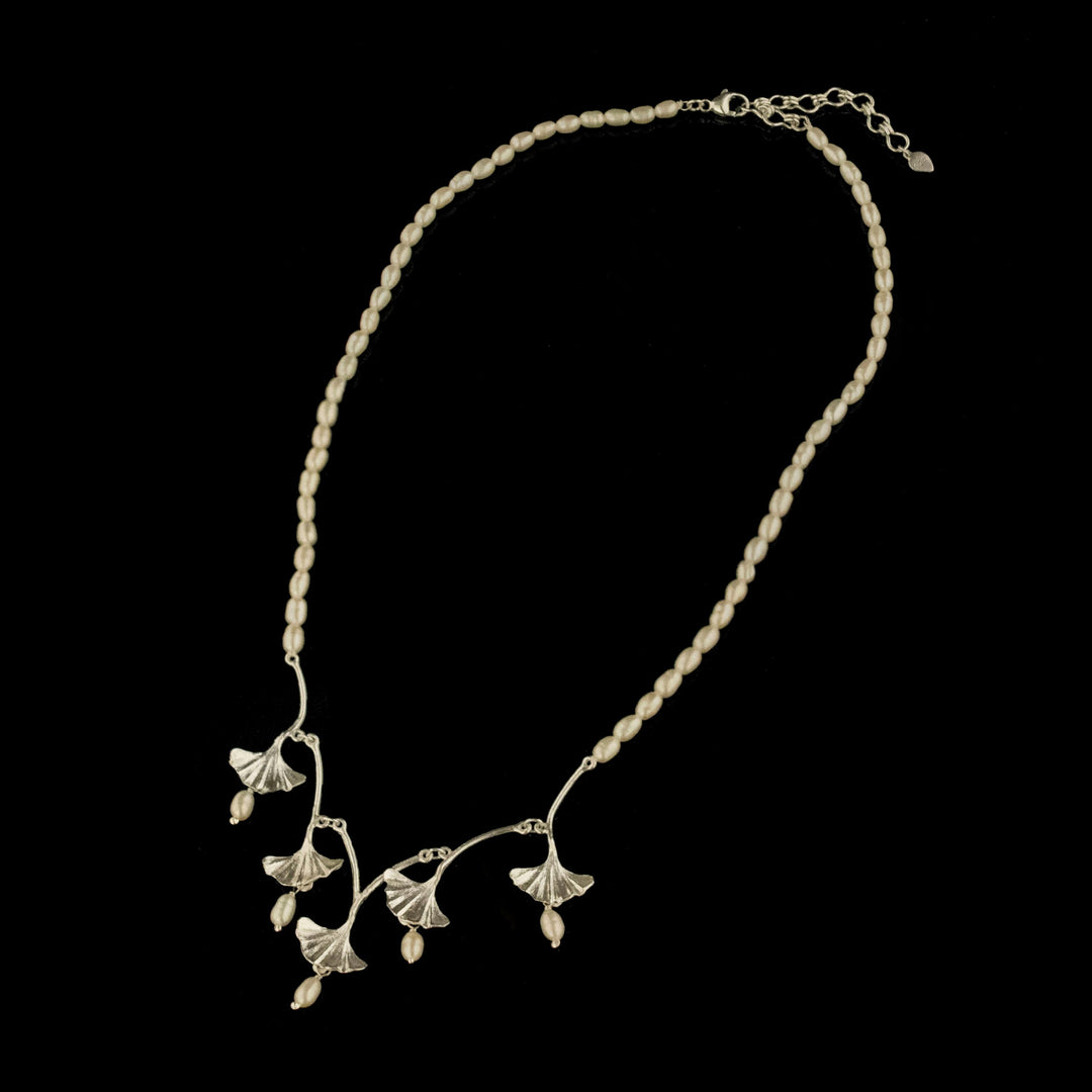 Image of the Michael Michaud Fine Ginkgo Silver Pearl Necklace on a black background