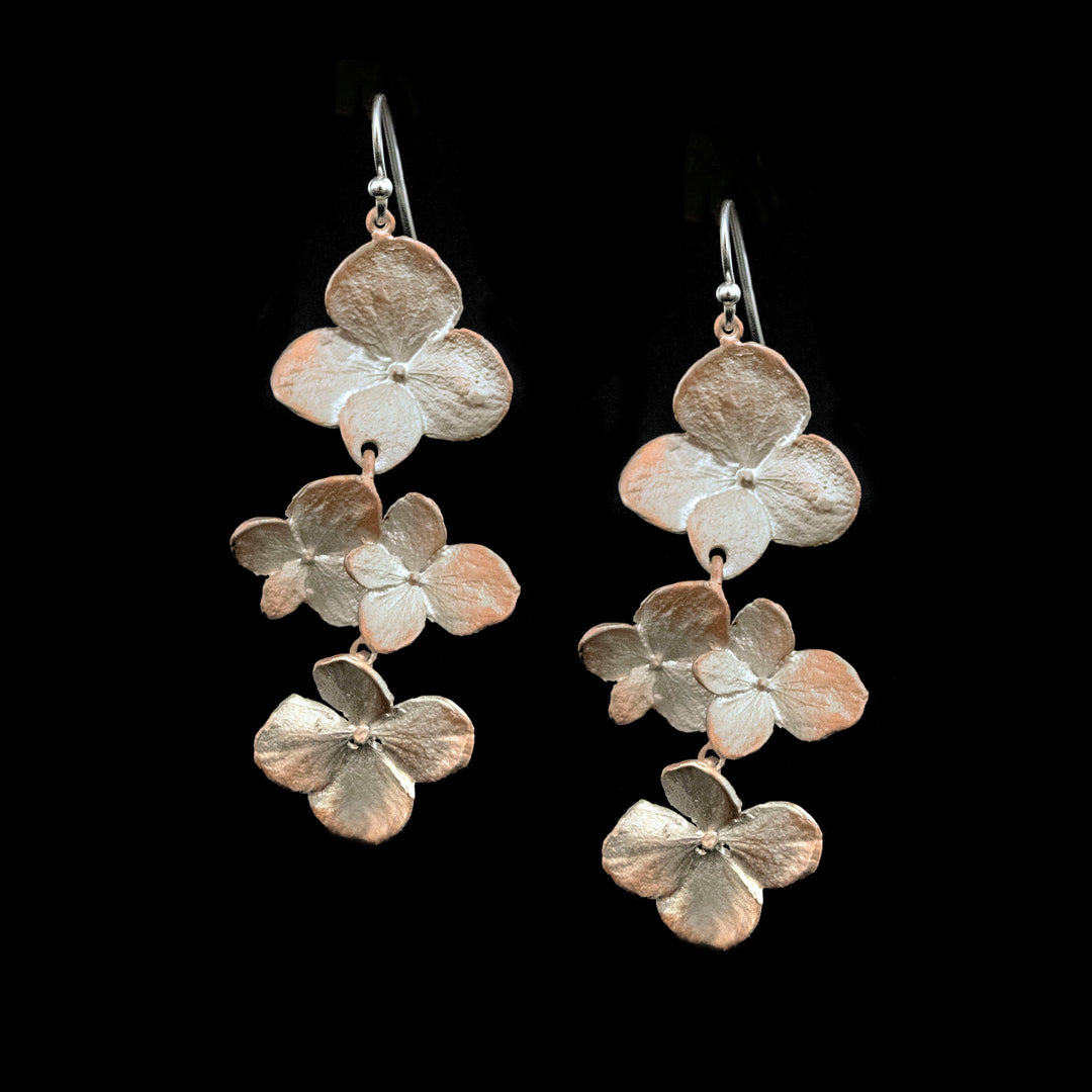 Image of the Michael Michaud Fine Hydrangea Silver Flower Earrings on a black background