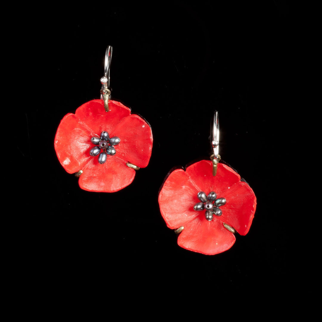 Image of the Michael Michaud Red Poppy Earrings - Wire Drop on a black background