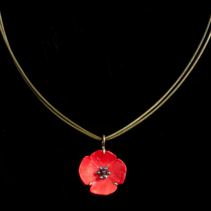 Image of the Michael Michaud Red Poppy Pendant - Leather Cord on a black background