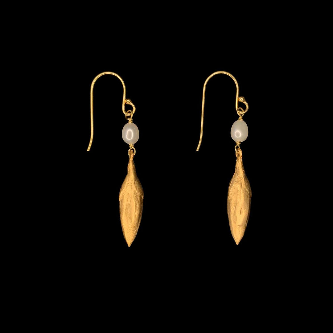 Image of the Michael Michaud Leaf and Bud Earrings - Pearl Drop Wire on a black background