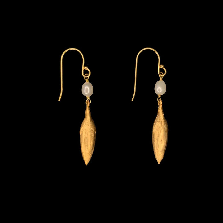 Image of the Michael Michaud Leaf and Bud Earrings - Pearl Drop Wire on a black background