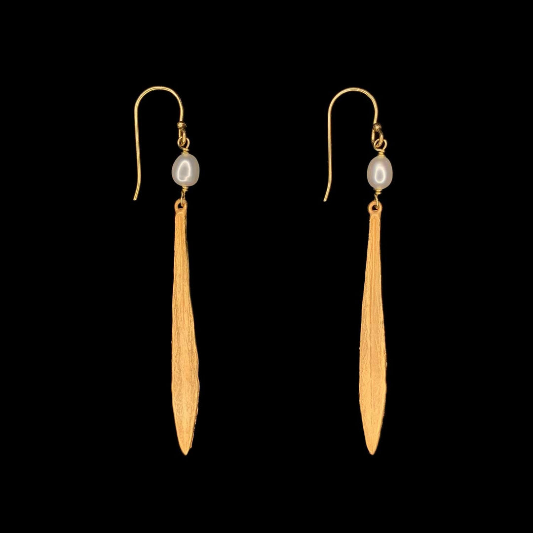 Image of the Michael Michaud Leaf and Bud Earrings - Long Pearl Drop Wire on a black background