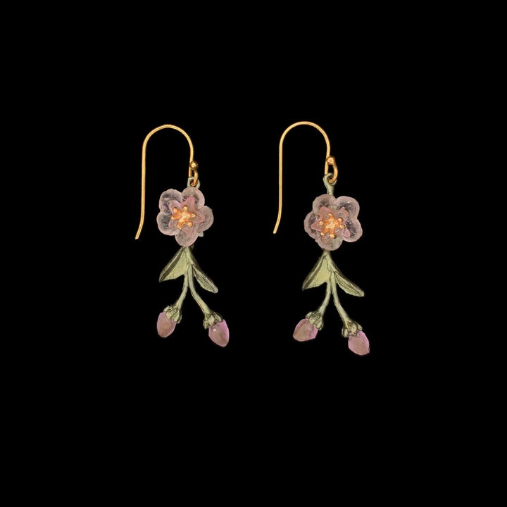 Image of the Michael Michaud Peach Blossom Earrings - Dainty Flower Drop Wire on a black background