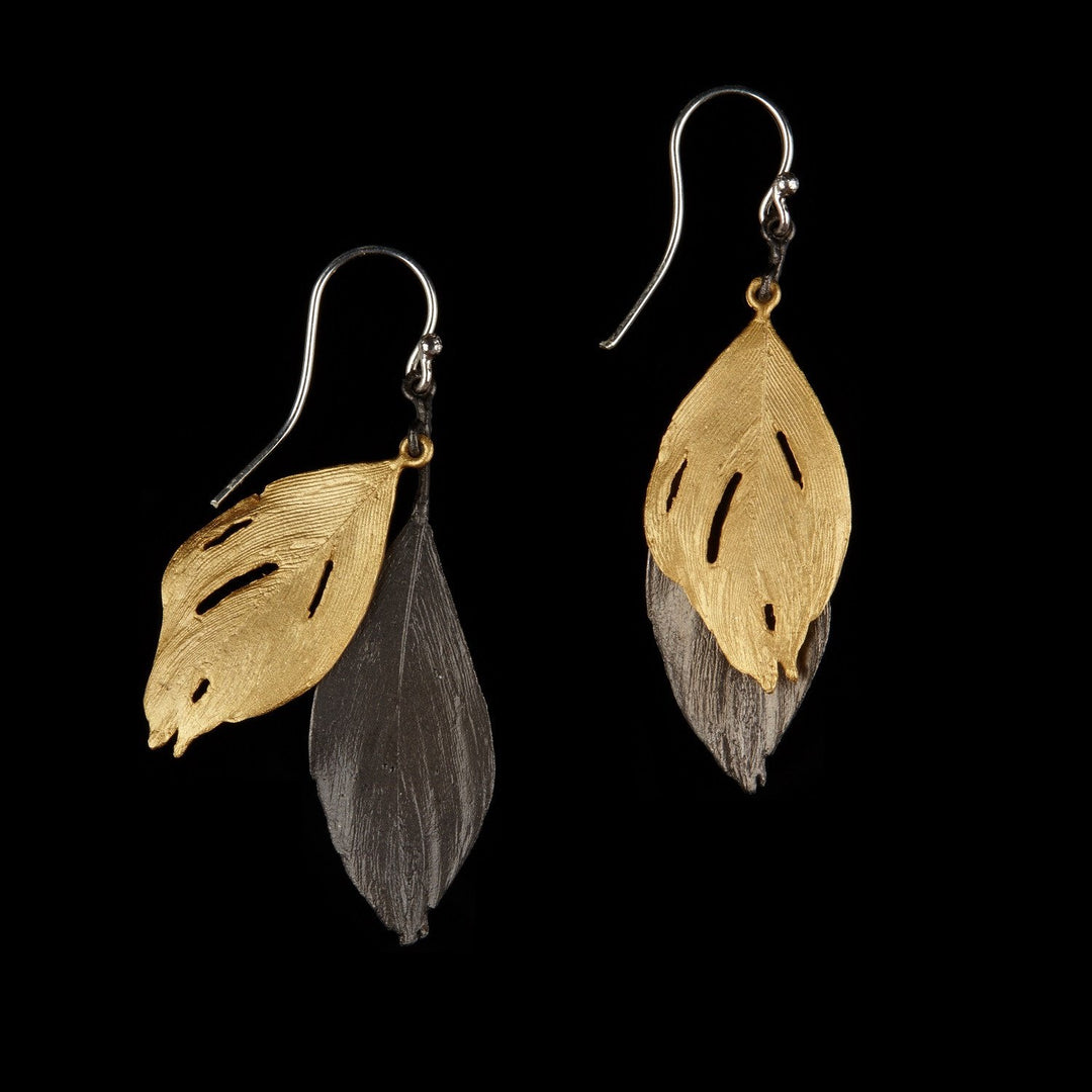 Image of the Michael Michaud Feather Earrings - Two Tone Wire Gold and Gunmetal on a black background